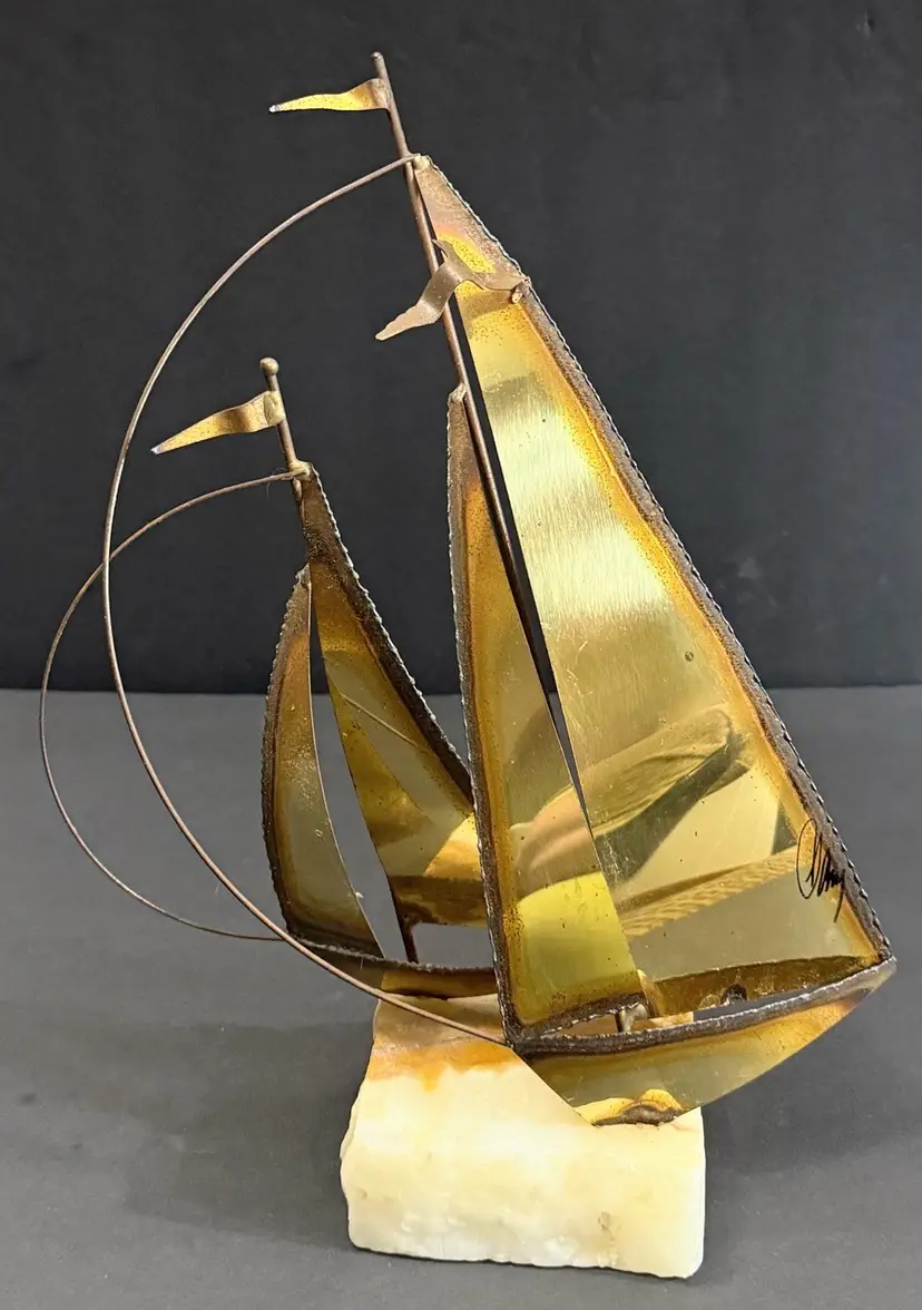 VTG Brass Sailboat Metal Sculpture MCM Nautical Statue Signed
