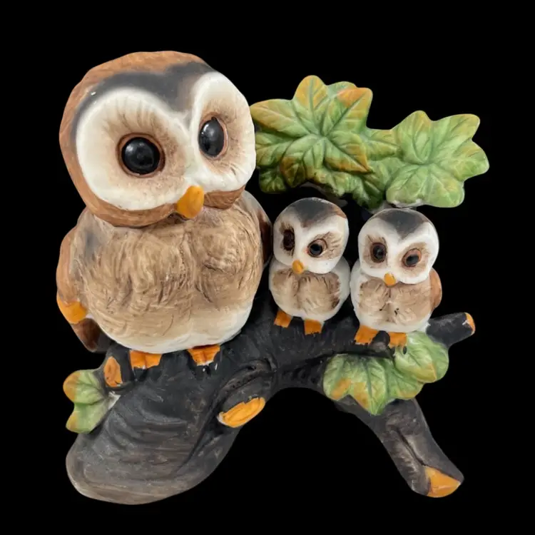 Ceramic Owls On Branch Figurine, Momma Owl And Two Baby Owls Ceramic Figurine