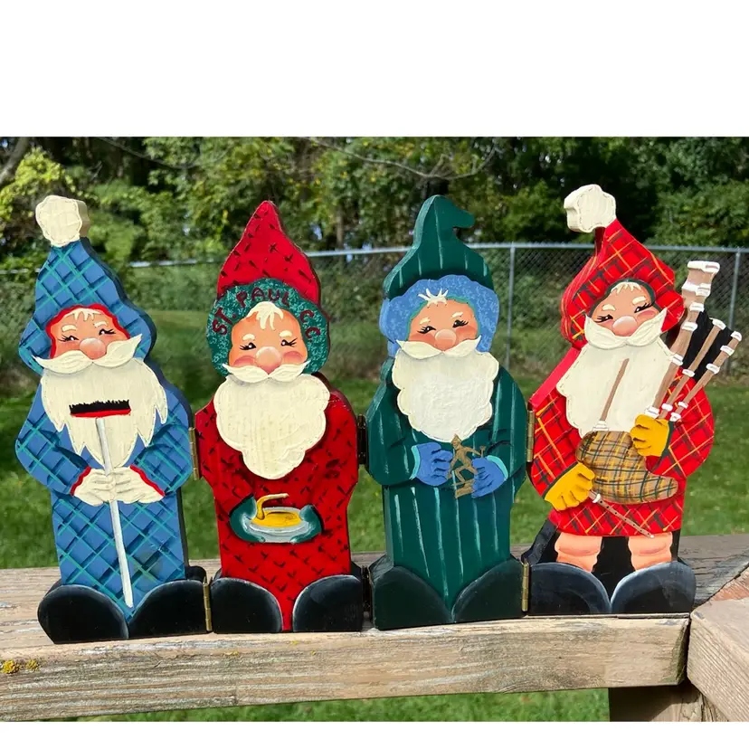 Handmade And Hand-painted, 4-Panel, Winter-Themed, St. Paul Curling Club & Bagpiper, Decor. Four Panels Fold To One For Storage. 8.5”h.