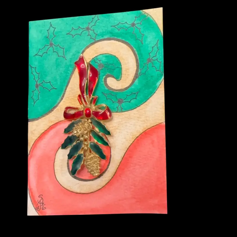 Original Watercolor Card With Vintage Brooch. Comes With Tissue And Box 5” X 3.5” Blank Inside