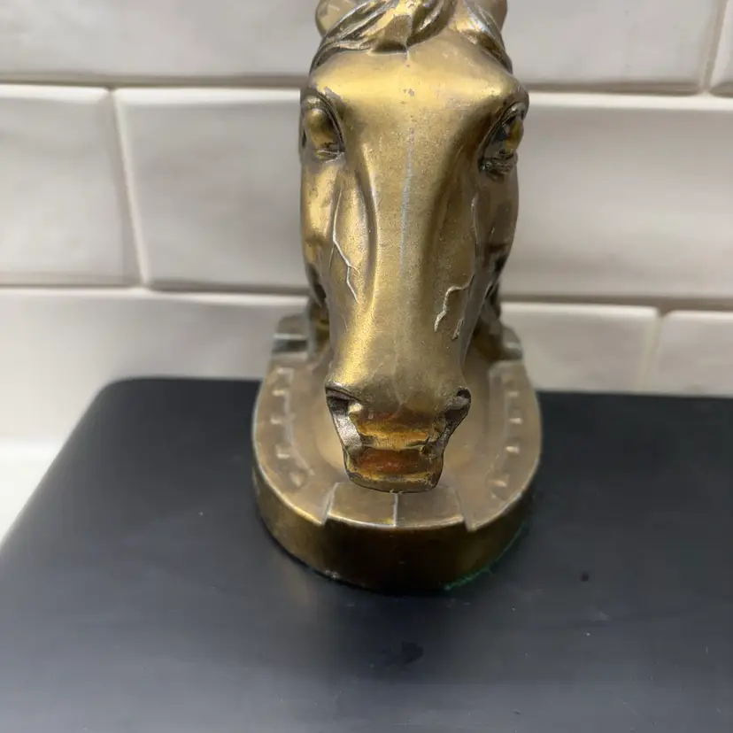 Vintage Metal Brass Horse Head Bust Bookend Figure Equestrian Library Den