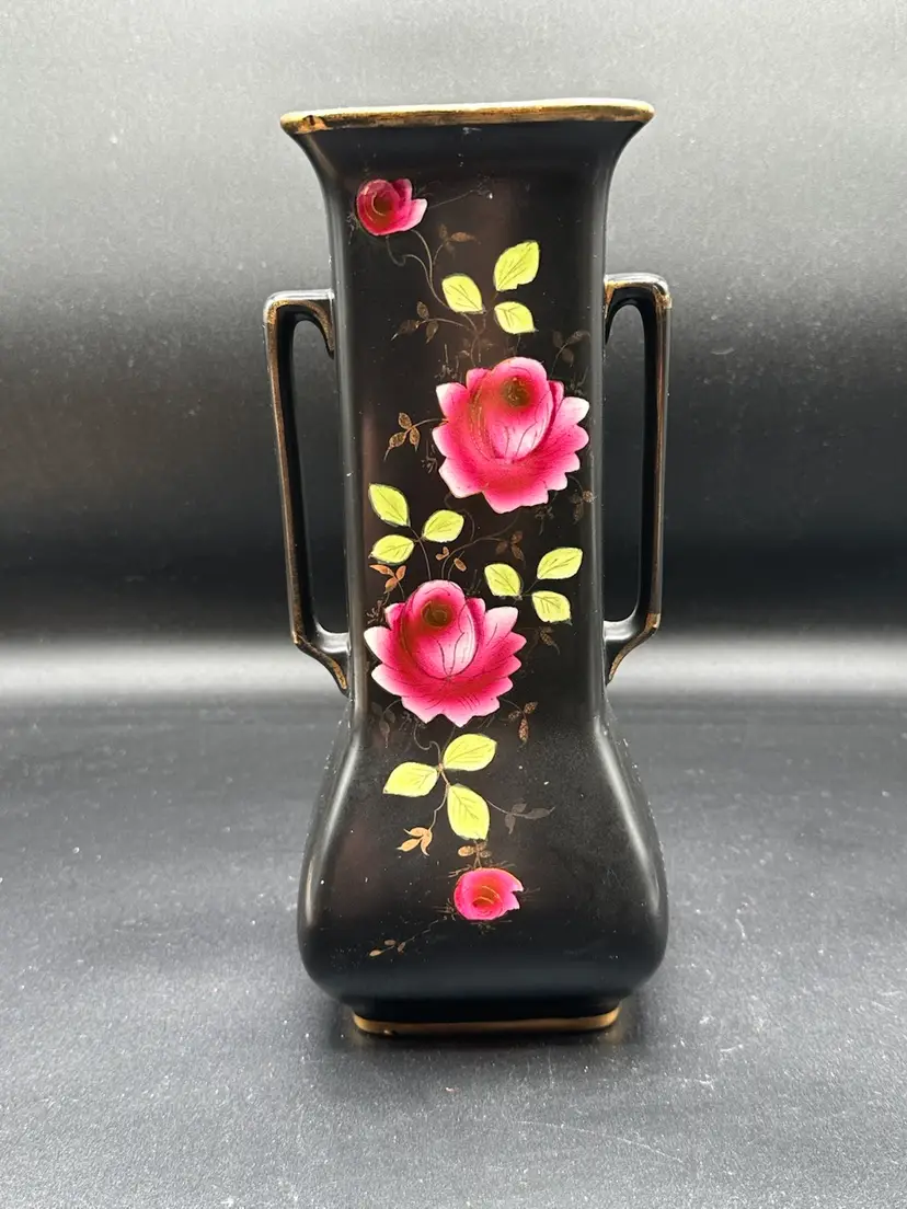Shaw and Copestake 9.50" Black Pink Roses Art Deco Two Handled Vase Early Sylvac