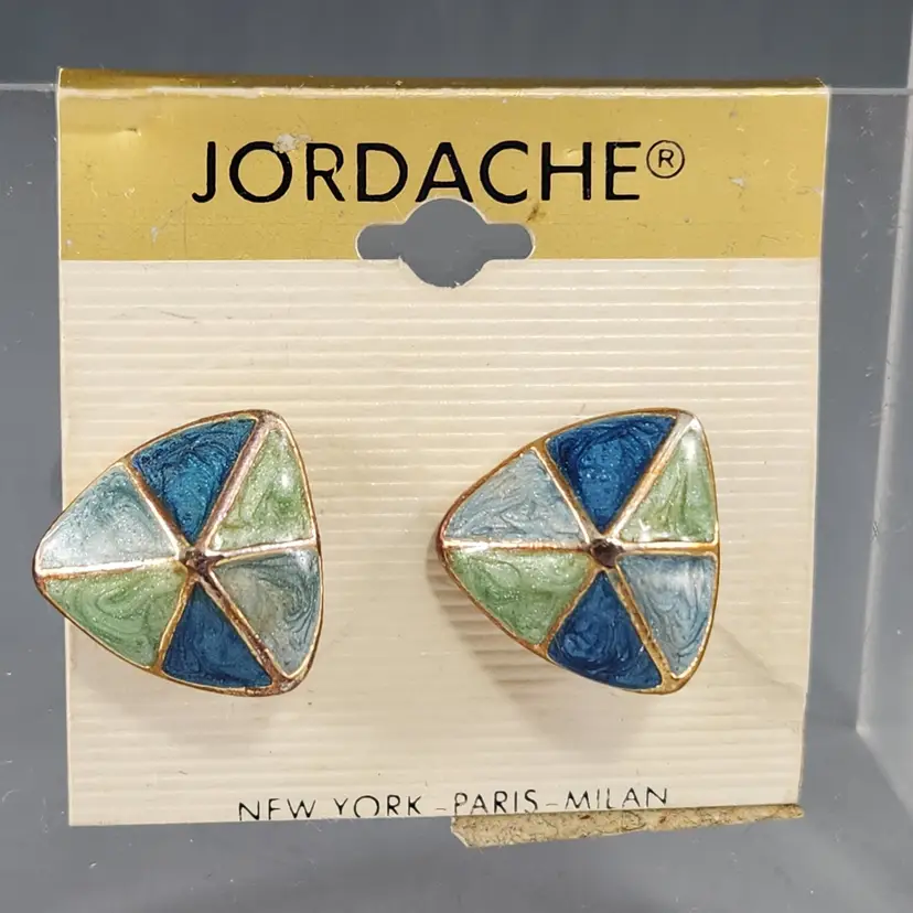 Jordache 1980s Deco Clip On Earrings Gold Blue Green & Aqua Enamel Triangle Shape New Old Stock VTG Costume Jewelry + Gift Box