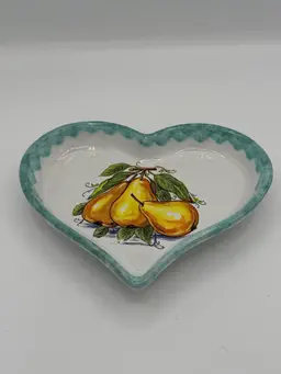 Vintage Heart Shaped Trinket Dish W/ Fruit Motif & Spongeware Edge Capri, Italy