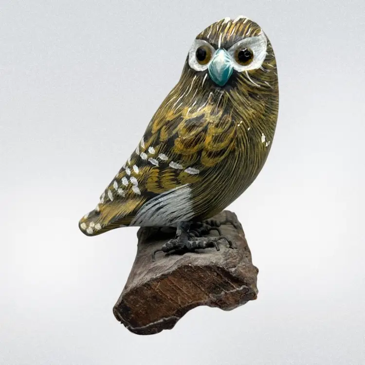 Set Of 3 Wooden Hand Painted Owl Figurines With Metal Feet 3”