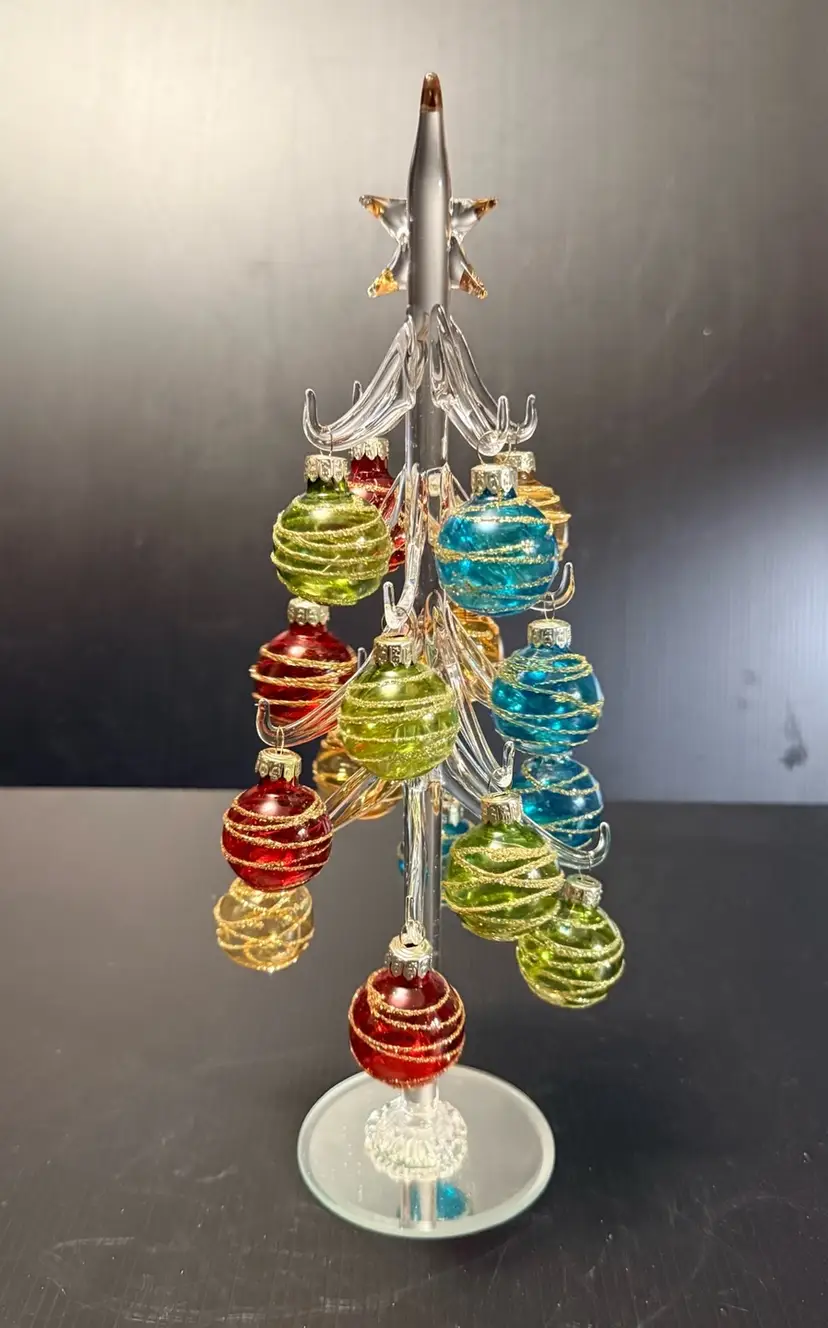 VINTAGE GLASS CHRISTMAS TREE ON MIRROR BASE WITH 16 GLASS ORNAMENTS