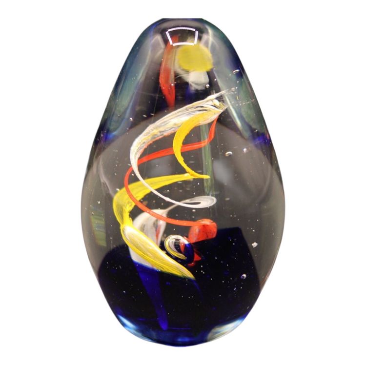 Egg Shaped Cobalt Blue Yellow White Orange Swirl 3 1/2” Tall 12.8oz