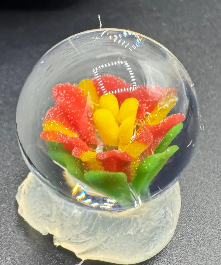 Contemporary Art Glass Marble Red Yellow Flower .83”