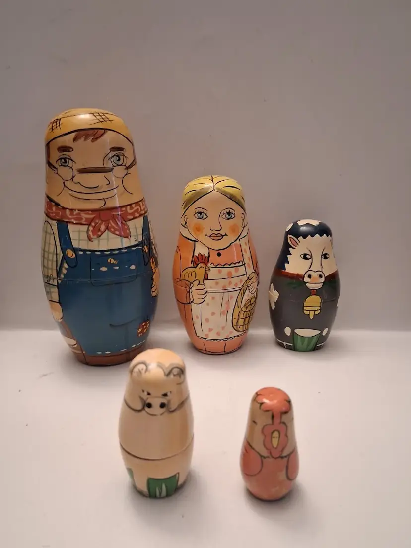 Vintage Matryoshka Russian Farm Set of Nesting Dolls Farmer, Wife, Horse, Pig, Rooster, Complete