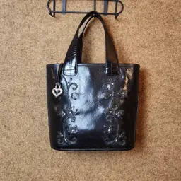 Vintage Brighton Embroidered Black Leather Bucket Tote Purse Handbag Floral