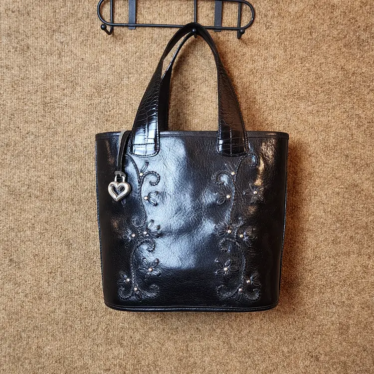 Vintage Brighton Embroidered Black Leather Bucket Tote Purse Handbag Floral