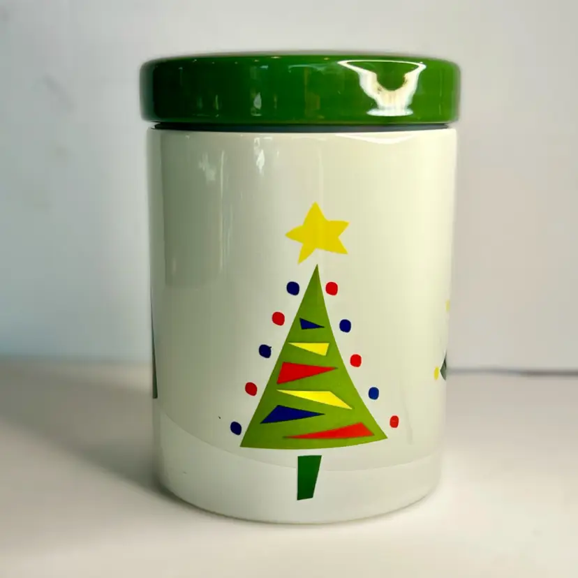 Vintage Christmas Tree Canister “Christmas Splendor” Collection White w/ Stylized Decorated Trees By Gorham