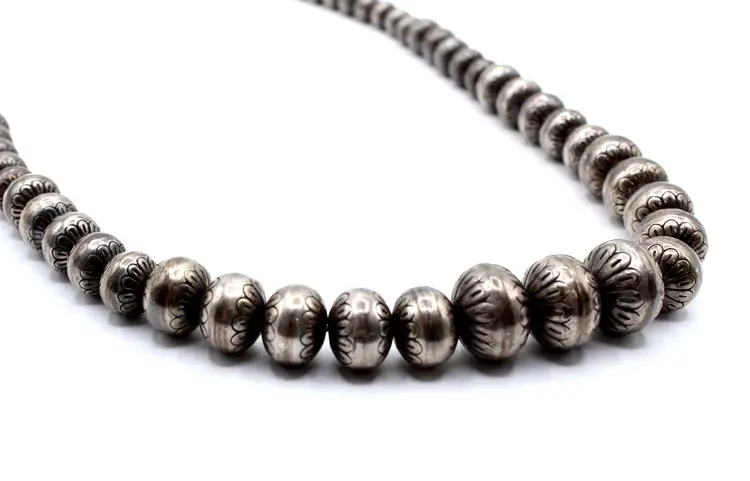 Vintage Navajo Dine' sterling silver stamped beaded 26" necklace 80g