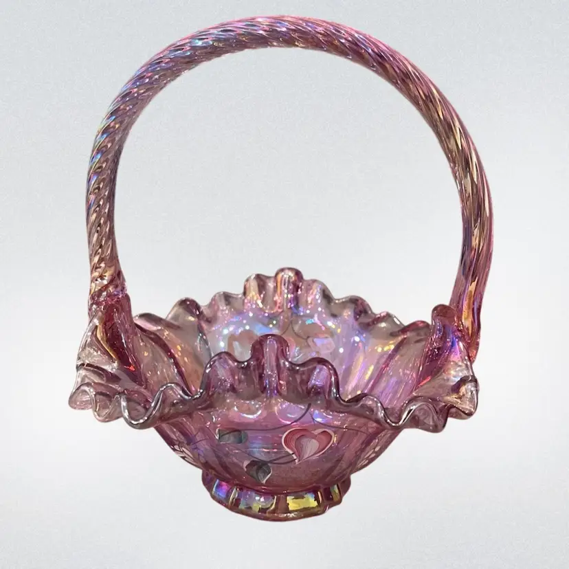 Fenton -Pink Carnival Glass- Iridescent Bon Bon Basket -Twisted Handle – Hand Painted Hearts – Signed D Anderson