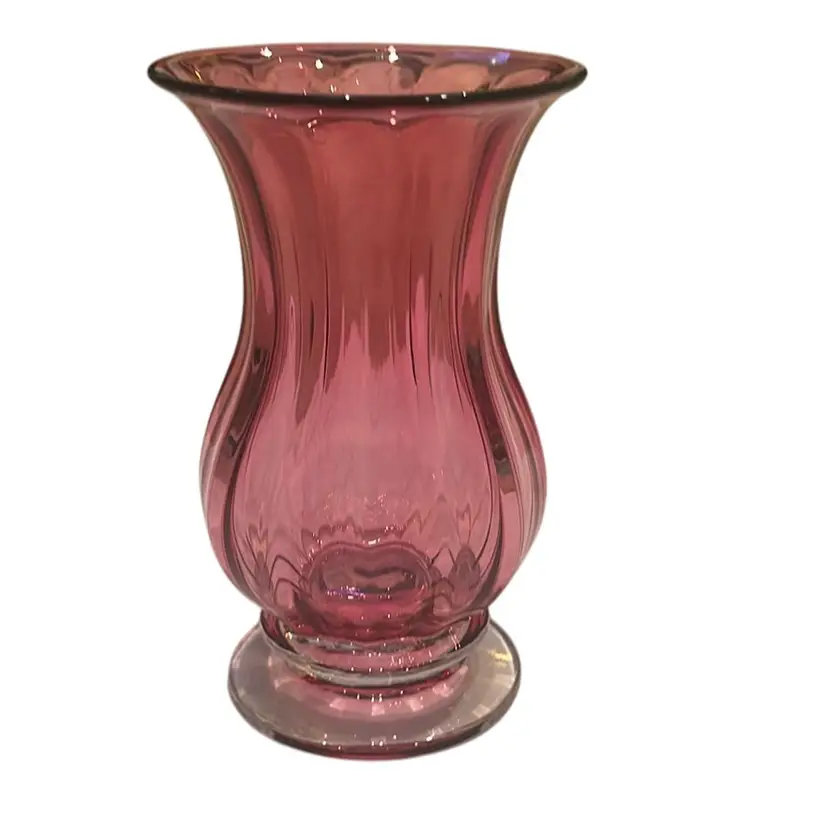 Signed Raspberry Hand Blown Vase With Clear Pedestal