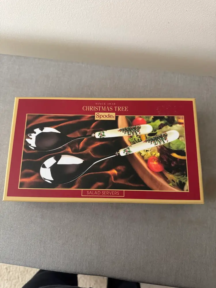 Elegant salad servers with festive Christmas tree design. By Spode