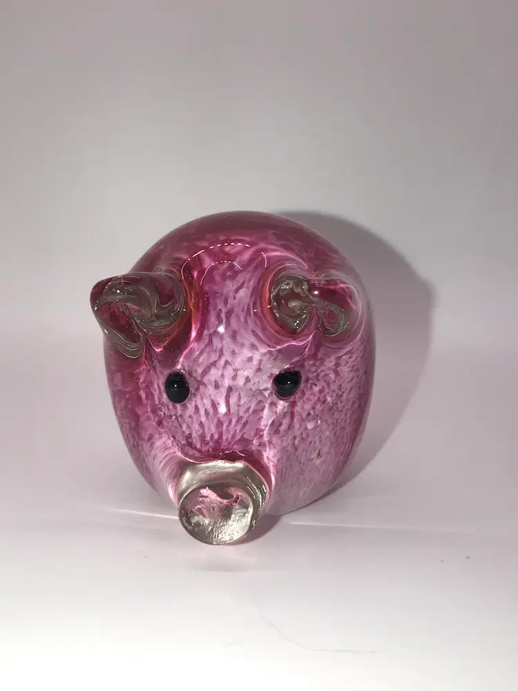 Murano Glass Style Pig Paperweight Pink Swirl Glass Hand Blown Glass
