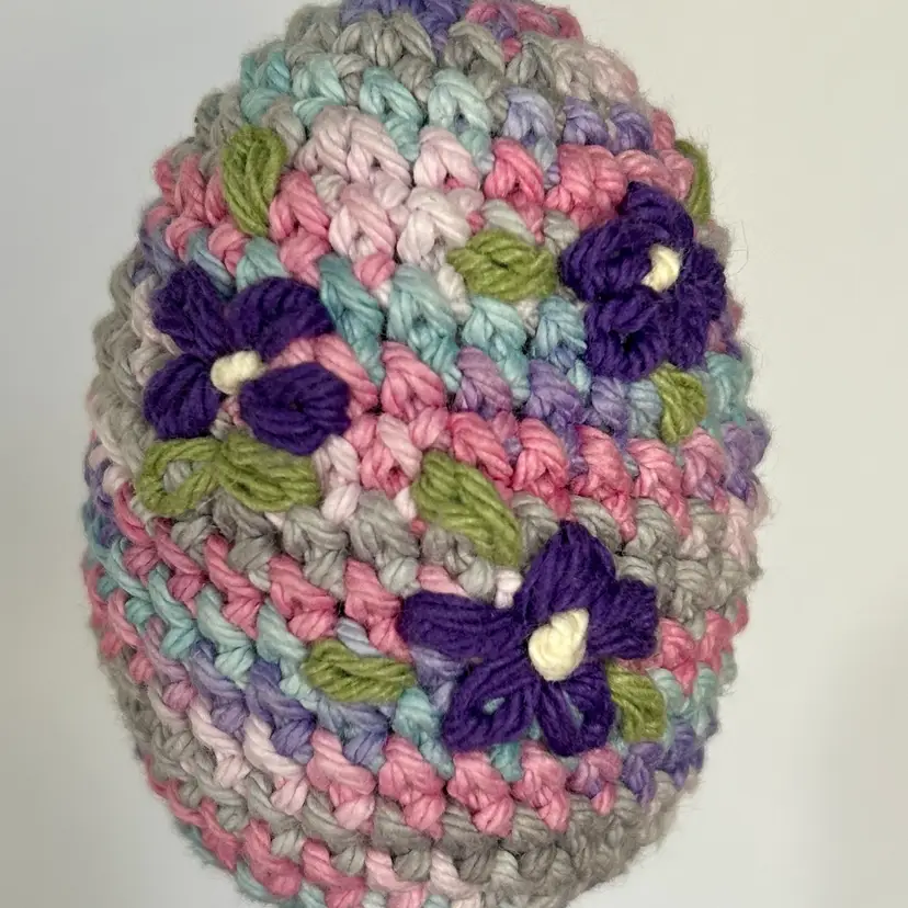 Crochet- Variegated w/Purple Flowers - Crochet Easter Eggs with Embroidered Flowers