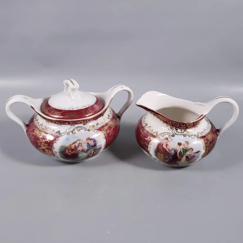 Antique Erdmann Sclegelmilch Classical Scene Gold Porcelain Creamer Sugar Set ES