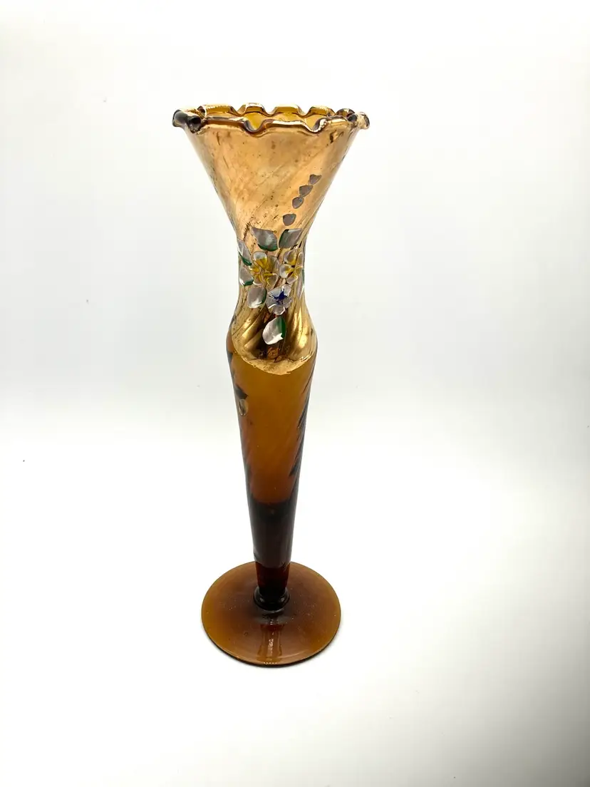 BIN - Vintage Floral Amber Brown Czech Bohemian Vase Handpainted On Gold Top 8.25”