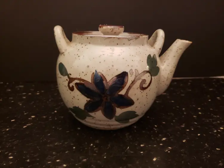 Vintage Stoneware teapot Japan Blue IRIS Flower possibly OTAGIRI