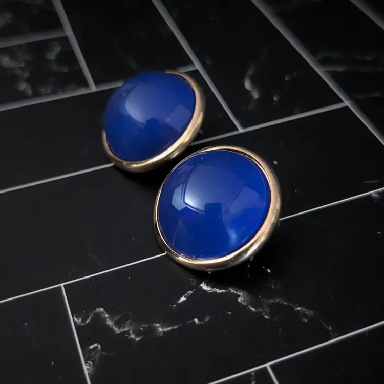 Vintage Stud Earrings Large Domed Blue Statement Chunky