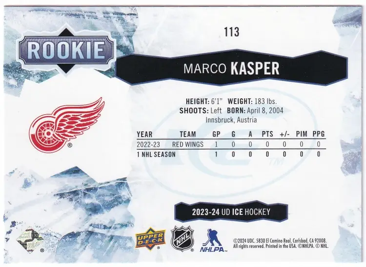 2023-24 Upper Deck Ice #113 Marco Kasper RC Detroit Red Wings Hockey Card