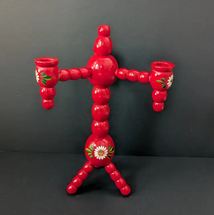Swedish Candelabra Wood Red Flower Vintage Mid Century Sweden Candle Holder