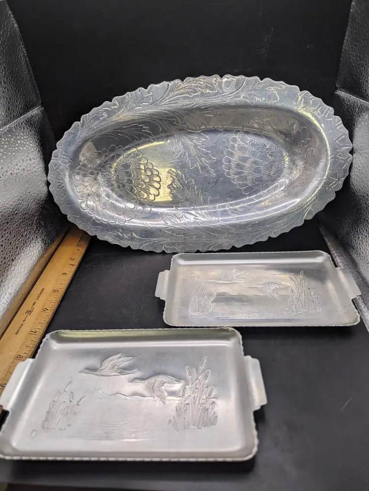 Vintage Hammered Aluminum Serving Tray Set With Floral And Wildlife Designs