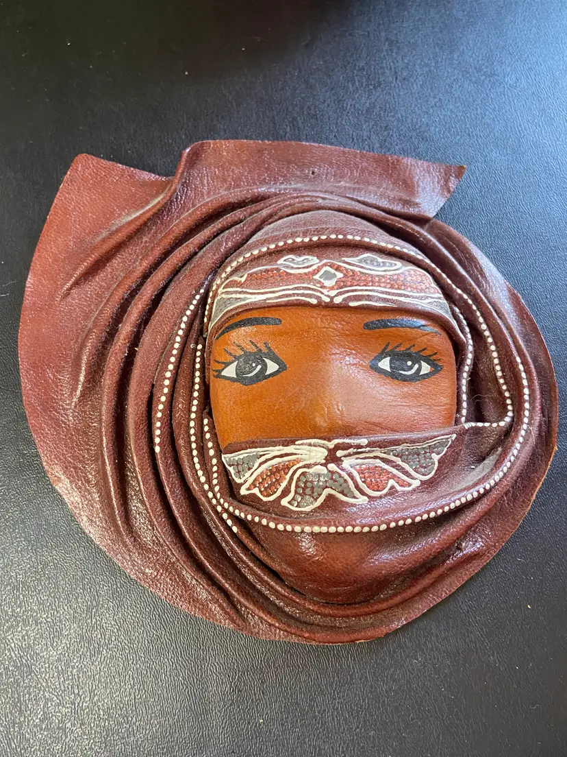 N. African Handmade Molded Leather Wall Mask, 6.5" x 6.5"