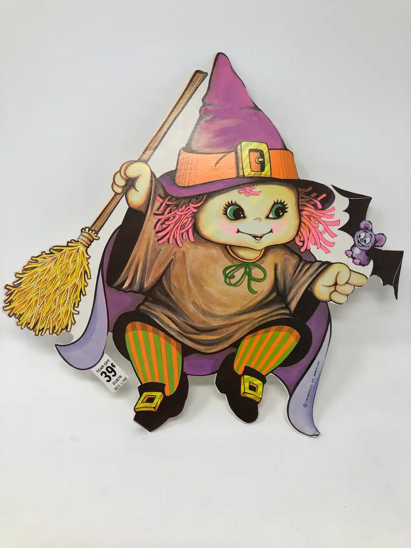 Cute Witch and Baby Bat 1978 The Beistle Co. Die Cut Halloween Decoration