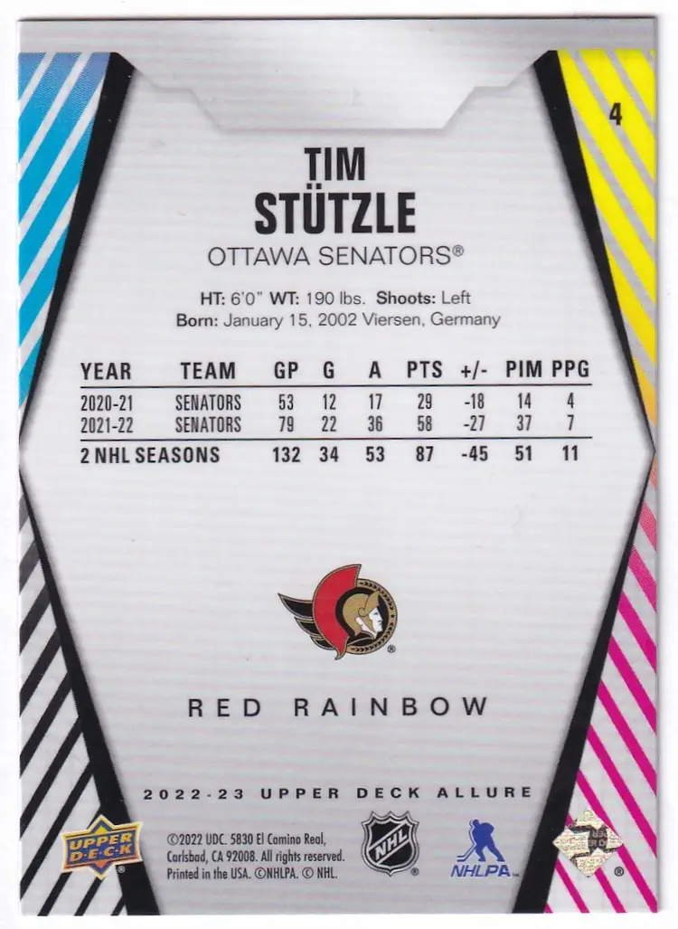 2022-23 Upper Deck Allure Red Rainbow #4 Tim Stutzle Ottawa Senators Hockey Card