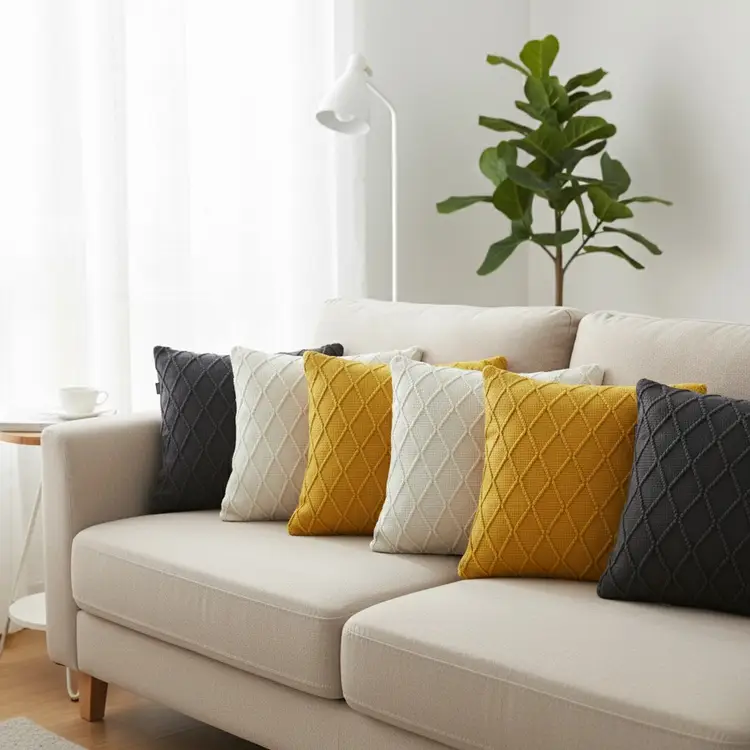 SOGA 6PC Sunshine Yellow, Cream & Charcoal Grey Cable Knit Pillow Covers 45cm Set