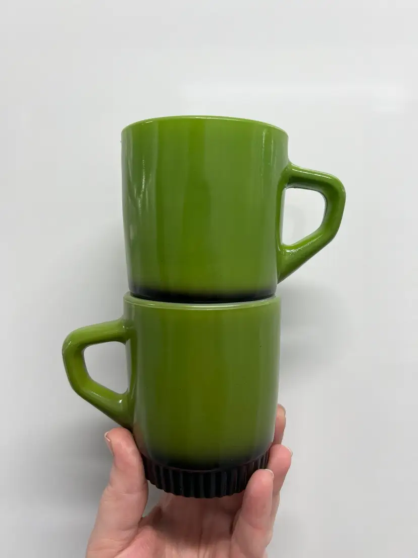 Pair Of Fire King Green And Black Ombré Stackable Mugs