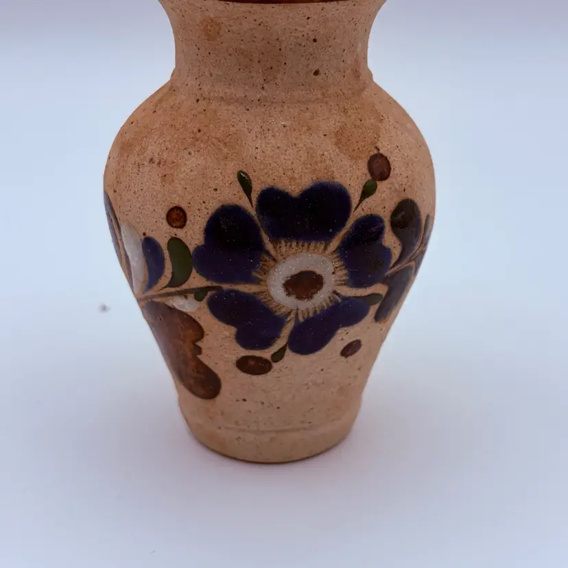 Vintage Mexican Tonala Bud Vase 4" Signed Folk Art Hand Painted Blue Flower