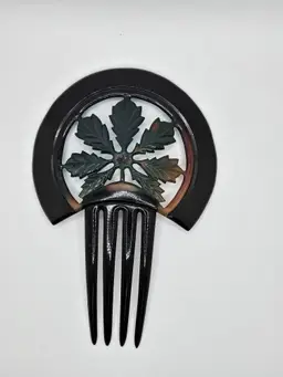 Antique Art Deco Art Nouveau Early 1900s Large Celluloid Hair Comb Pick Black Green Mint Condition Flower Leaves(?) Stunning Victorian