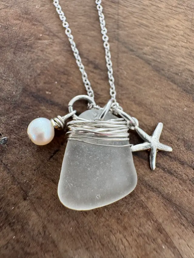 Sea Glass Pendants With Fresh Water Pearl And Mini Star On Minimalist Sterling Silver Chain 18”. #74