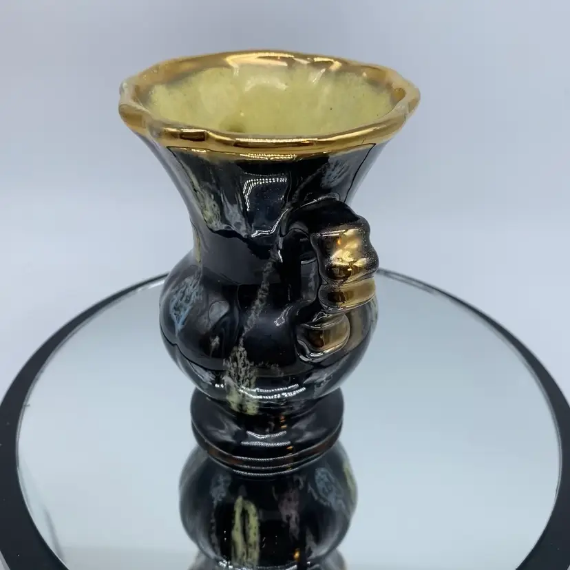 #1915 Mid Century Era Handled Drip Glaze Pottery Vase - Multicoloured Drip Glaze Over Black - West German Pottery - Carstens