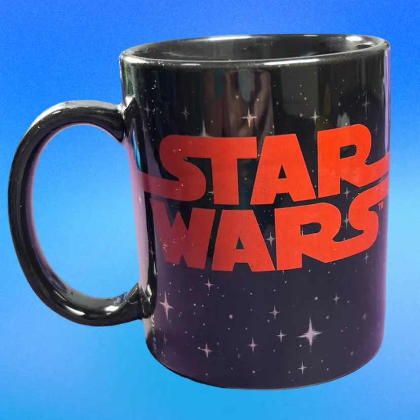 Star Wars & Millennium Falcon Black Coffee Mug. ✨ Celestial Starfield Background.