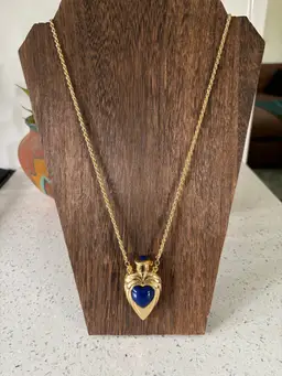 Vintage 29” Faberge Perfume Bottle Necklace With Blue Heart And Blue Beaded Bottle Top