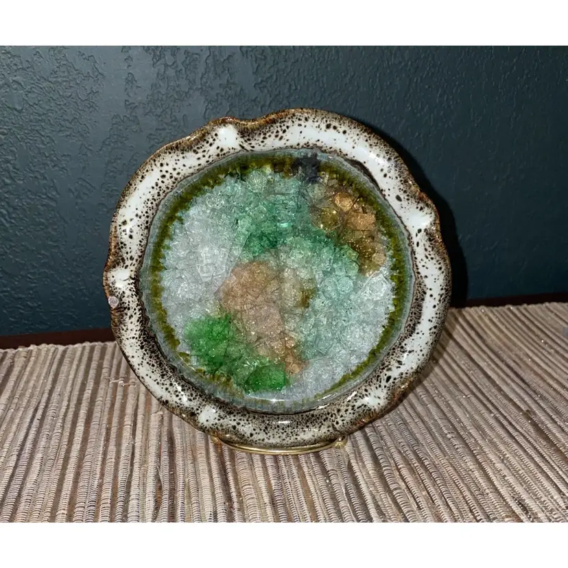 Pottery Trinket Dish Crackle Glass Center 5.5"w