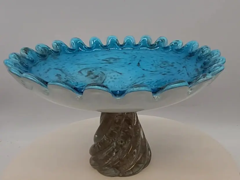 Murano Style Art Glass Scalloped Edge Pedestal Cake Stand Tidbit Tray Aqua Gold