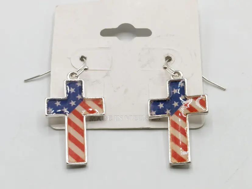 Patriotic Cross Pierced Earrings Red White Blue