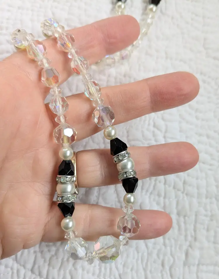 Vintage Art Deco Crystal B
Necklace with Faux Pearls, Black Funnel Beads and Rhinestone Spacers