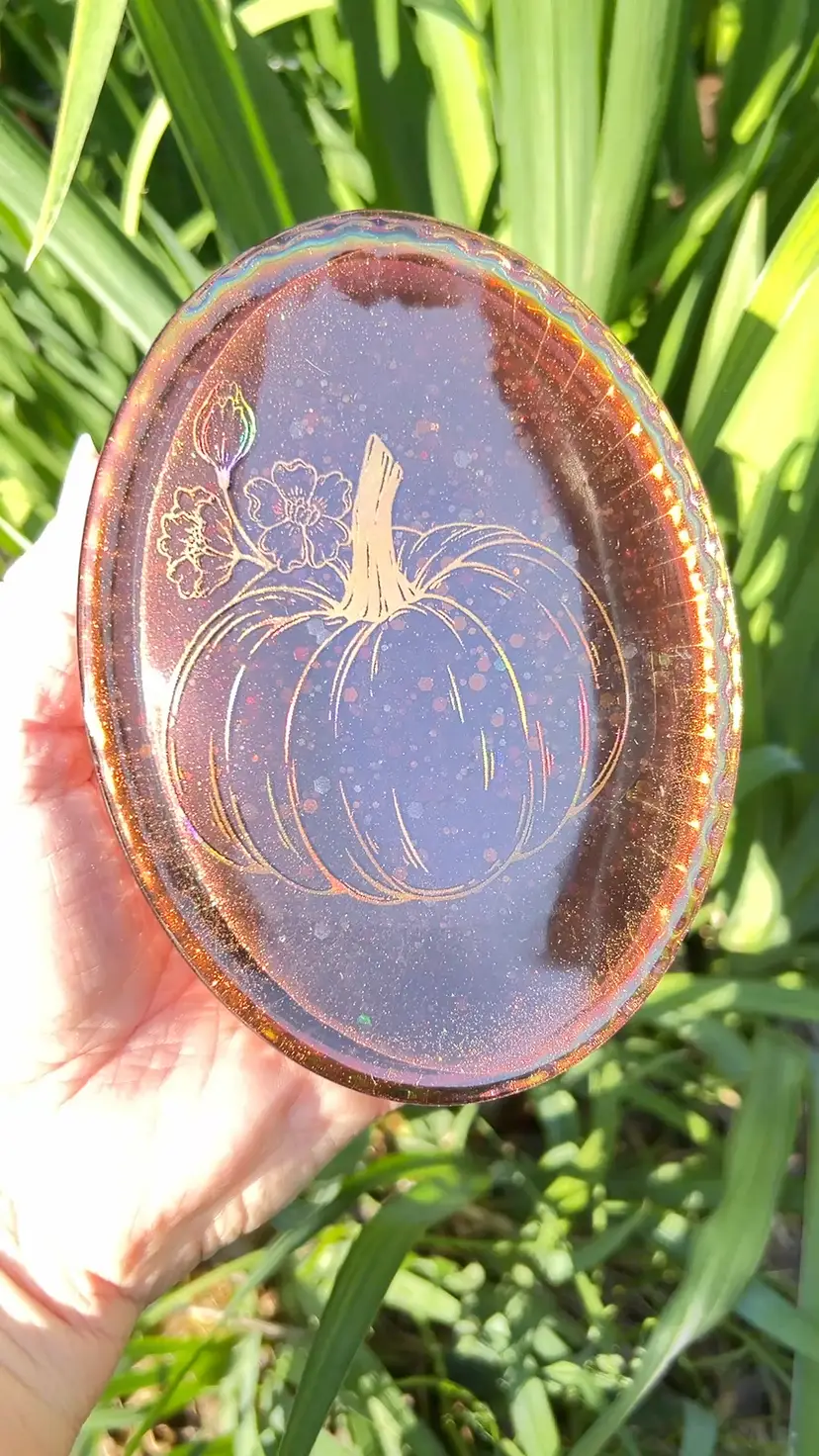 Pumpkin Fall Colors 🎃 Oval Soap Trinket Dish. Solid Resin in Orange, Coppers, Browns. Handmade By Me!