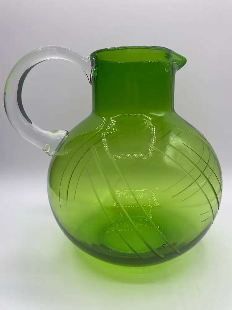 Vintage MCM Etched Green Glass Ball Pitcher