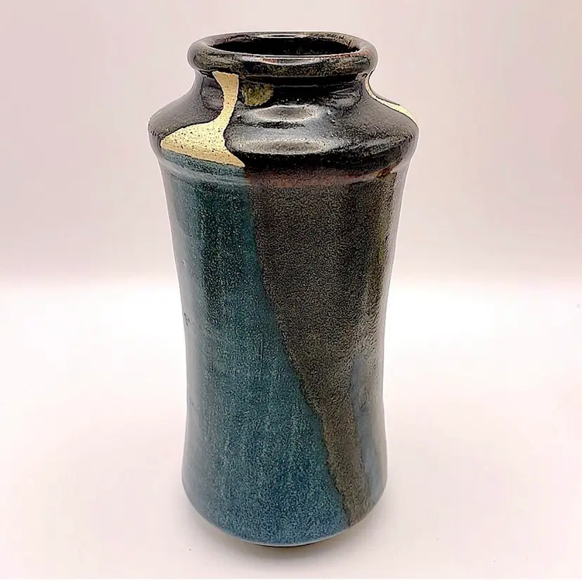 Handmade Studio Pottery Vase, Unique Glaze Technique, Brown/Teal Green, Mark on Bottom, 6.25” Tall