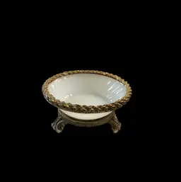 Vintage Anchor Hocking Milk Glass Gold Trim Bowl With Brass Rope Trim (removable) And Celeste Metal Base (removable)