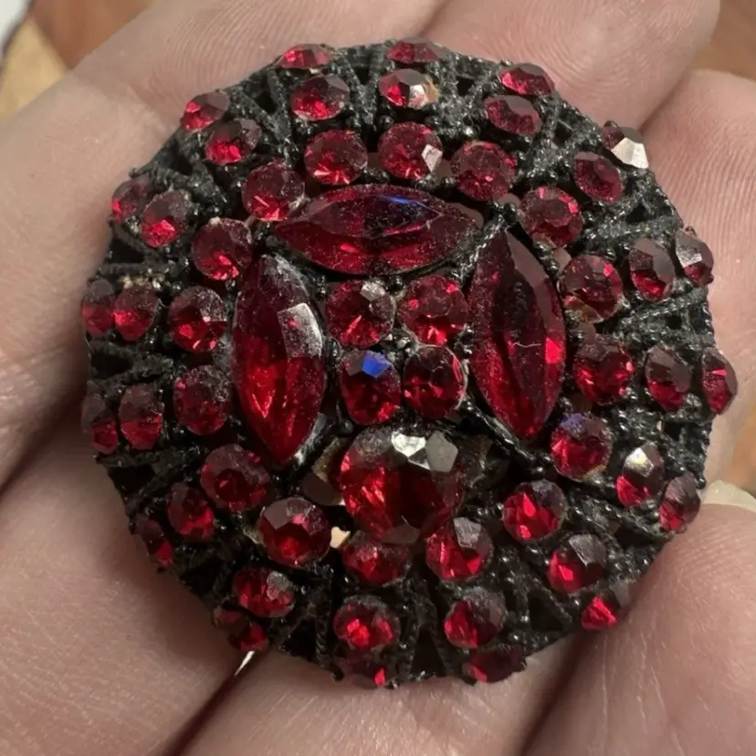 Vintage Garnet Red Color Rhinestone Cluster Layered Open Back Brooch