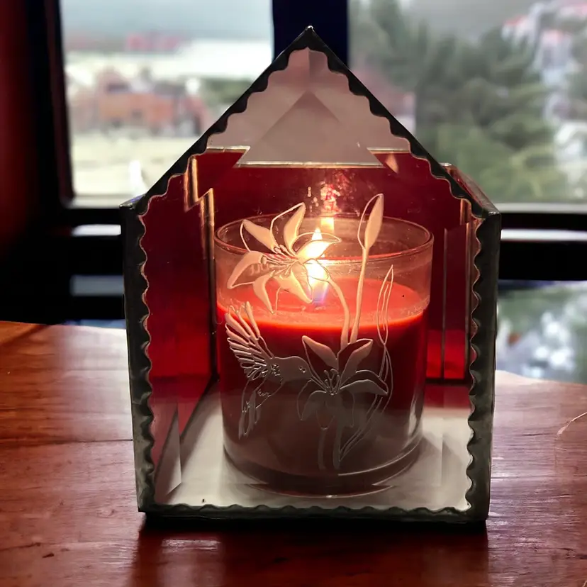VTG Leaded Beveled Stained Glass Candle Holder Box Red Glass Hummingbird Etched